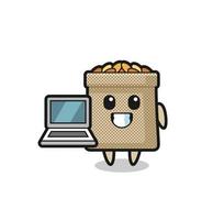 mascotte illustratie van tarwe zak met een laptop vector