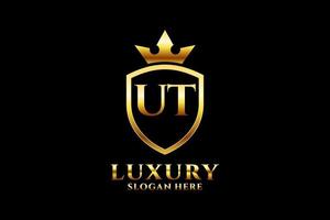 eerste ut elegant luxe monogram logo of insigne sjabloon met scrollt en Koninklijk kroon - perfect voor luxueus branding projecten vector