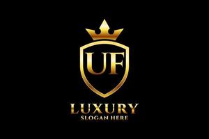 eerste uf elegant luxe monogram logo of insigne sjabloon met scrollt en Koninklijk kroon - perfect voor luxueus branding projecten vector