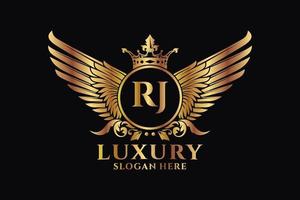 luxe Koninklijk vleugel brief rj kam goud kleur logo vector, zege logo, kam logo, vleugel logo, vector logo sjabloon.