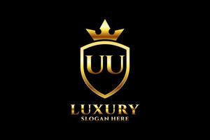 eerste uu elegant luxe monogram logo of insigne sjabloon met scrollt en Koninklijk kroon - perfect voor luxueus branding projecten vector