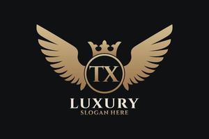 luxe Koninklijk vleugel brief TX kam goud kleur logo vector, zege logo, kam logo, vleugel logo, vector logo sjabloon.