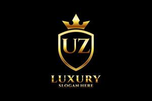 eerste uz elegant luxe monogram logo of insigne sjabloon met scrollt en Koninklijk kroon - perfect voor luxueus branding projecten vector