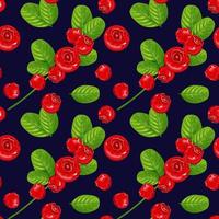 naadloos patroon met rood bessen en groen bladeren Aan een donker achtergrond. achtergrond met rode bosbes voor kleding stof, behang of verpakking. vector illustratie.
