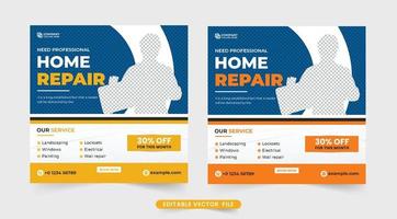 professioneel huis reparatie en vernieuwing onderhoud sjabloon ontwerp met geel en oranje kleuren. huis bouw bedrijf reclame web banier vector. klusjesman en huis reparatie onderhoud sjabloon. vector