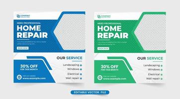 modern huis bouw en reparatie onderhoud sjabloon ontwerp met groen en blauw kleuren. huis reparatie onderhoud sociaal media post vector voor online marketing. huis vernieuwing bedrijf Promotie sjabloon.