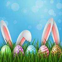 Pasen groet kaart met twee konijn oren en kleurrijk eieren Aan blauw achtergrond vector