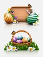 Pasen groet kaart met een houten teken, mand, en kleurrijk eieren in de gras vector