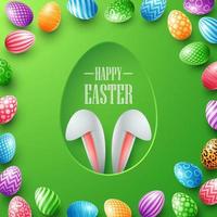 gelukkig Pasen kaart met konijn oren schuilplaats in ei gat en kleurrijk eieren vector