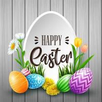 gelukkig Pasen groet kaart met gekleurde eieren, bloemen, Aan hout achtergrond vector