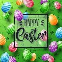 gelukkig Pasen groet kaart met gekleurde eieren en kader Aan schattig tekening achtergrond vector