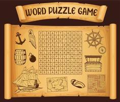 piraterij en piraat kaart, woord zoeken puzzel spel vector