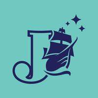 alfabet oud zeil boot j logo vector