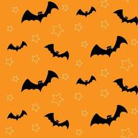 halloween naadloos patroon met vleermuizen vliegend in de omgeving van sterren Aan oranje achtergrond. hand- getrokken vector illustratie voor halloween partij decoratie, scrapbooken, textiel, muur papier, groet kaarten ontwerp.