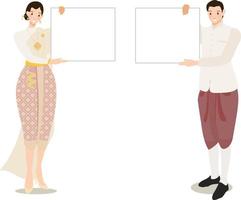 Thais traditioneel paar Holding leeg blanco wit bord voor tekst eps10 vectoren illustratie