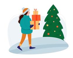 de meisje draagt cadeaus voor kerstmis. een vrouw wandelingen met presenteert in haar handen. winter Kerstmis tafereel met Kerstmis boom en geschenken. vector vlak illustratie.