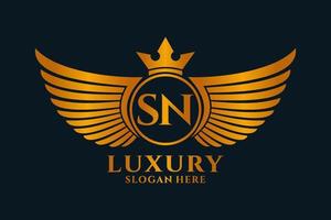 luxe Koninklijk vleugel brief sn kam goud kleur logo vector, zege logo, kam logo, vleugel logo, vector logo sjabloon.