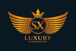 luxe Koninklijk vleugel brief sx kam goud kleur logo vector, zege logo, kam logo, vleugel logo, vector logo sjabloon.