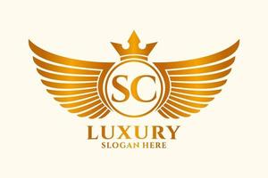luxe Koninklijk vleugel brief sc kam goud kleur logo vector, zege logo, kam logo, vleugel logo, vector logo sjabloon.