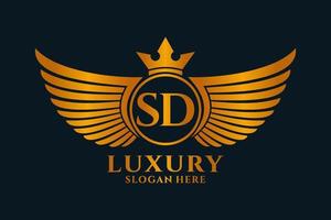 luxe Koninklijk vleugel brief sd kam goud kleur logo vector, zege logo, kam logo, vleugel logo, vector logo sjabloon.