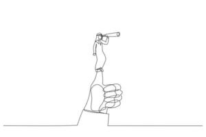 tekenfilm van Arabisch zakenman staand Aan reusachtig duim gebruik makend van telescoop naar kijken in de afstand. single doorlopend lijn kunst stijl vector