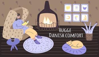 vector illustratie in tekening stijl met een meisje resting en lezing een boek Bij huis. de concept van Deens hygge, herfst humeur verlangen voor gezelligheid en huis comfort.