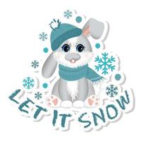 sticker met symbool van de 2023 jaar. schattig weinig konijn of haas zittend in sneeuw. vector