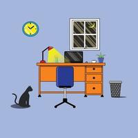 werkplaats kantoor kamer met bureau, laptop, stoel, tafel lamp, koffie beker, ingemaakt fabriek en kat vector illustratie