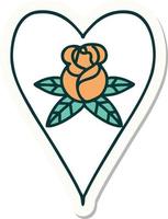 sticker van tatoeëren in traditioneel stijl van een hart en bloemen vector