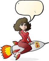 tekenfilm leger pin omhoog meisje rijden raket met toespraak bubbel vector