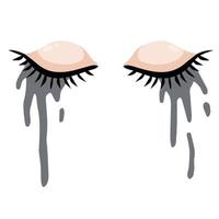 huilend oog. uitgesmeerde mascara. zwarte inktcosmetica op het gezicht. gesloten ooglid met wimpers. stress en frustratie. platte tekenfilm vector