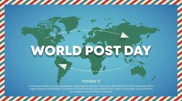 wereld post dag achtergrond met papier vlak ansichtkaart en wereld kaart vector