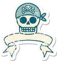 versleten oud sticker met banier van een piraat schedel vector
