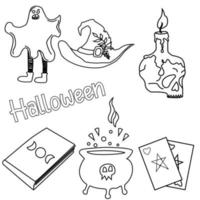schattig halloween krabbels, traditioneel en populair symbolen - gesneden pompoen, partij kostuums, heksen, geesten, monsters, vampiers, skeletten, schedels, kaarsen, vleermuizen vector