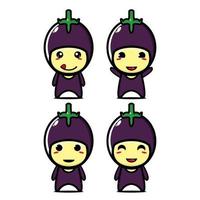 set collectie van schattige aubergine mascotte ontwerp karakter. geïsoleerd op een witte achtergrond. schattig karakter mascotte logo idee bundel concept vector