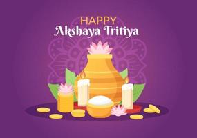 Akshaya Tritiya-festival met een gouden kalash, pot en gouden munten voor dhanteras-viering op indiaan in versierde achtergrondsjabloonillustratie vector