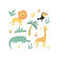 kinderen poster met oerwoud dieren. poster voor kinderkamer. schattig hand- getrokken illustratie met leeuw, krokodil, toekan en giraffe. vector illustratie.