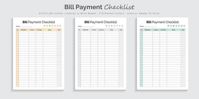 Bill betaling checklist ontwerper logboek en tracker afdrukbare interieur ontwerp sjabloon vector
