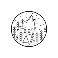 camping grond en wolf illustratie in mono lijntekeningen, badge vectorillustratie, t-shirt kunst, ontwerp vector