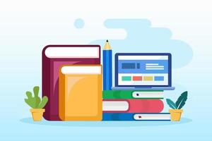 online bibliotheekconcept, online bibliotheek voor onderwijs, online referentieconcept, boek, literatuur of e-learning. platte vector