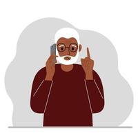 trieste grootvader praten op een mobiele telefoon met emoties. de ene hand met de telefoon en de andere met een wijsvinger omhoog gebaar. platte vectorillustratie vector