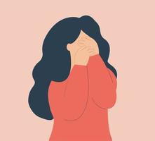 verdrietig jong vrouw depressief en covers haar gezicht huilen. huilen tiener- meisje emoties rouw. concept van mentaal Gezondheid aandoeningen en psychologisch problemen. geïsoleerd vector illustratie.