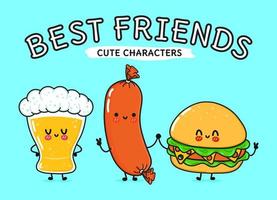schattig, grappig vrolijk glas bier, hamburgerworst. vector hand getekend kawaii stripfiguren, illustratie pictogram. grappige cartoon glas bier, hamburger en worst vrienden concept