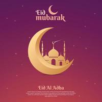 eid mubarak, eid al adha mubarak betekent gelukkig offerfeest. luxe eid al adha-groet voor post op sociale media en banner met gouden thema. vector