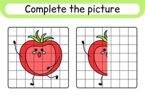 maak het plaatje tomaat compleet. kopieer de afbeelding en kleur. maak het beeld af. kleurboek. educatief tekenoefenspel voor kinderen vector