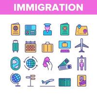 immigratie, in het buitenland reizen vector lineaire pictogrammen set