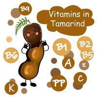 tamarinde. tropisch bruin fruit. karakter met armen en poten. vitamines in vruchten. vector
