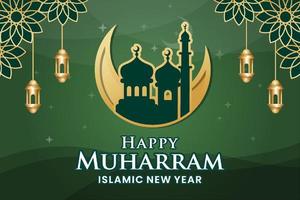 groen Islamitisch nieuw jaar banier met moskee maan en bloemen achtergrond vector