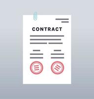 contract sluiten overeenkomst met papier en digitale handtekening stempel platte vectorillustratie. vector