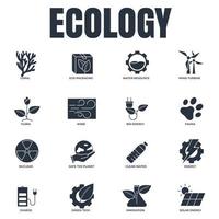 set van milieu-ecologie pictogram logo vectorillustratie. milieuvriendelijk pakket. zonne-energie, windturbine, nucleair, waterbron en enz. Symboolsjabloon voor grafische en webdesigncollectie vector